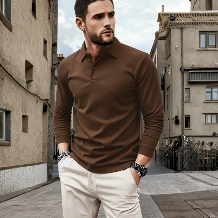 Mens long sleeve polo shirt solid color loose fit polyester fabric