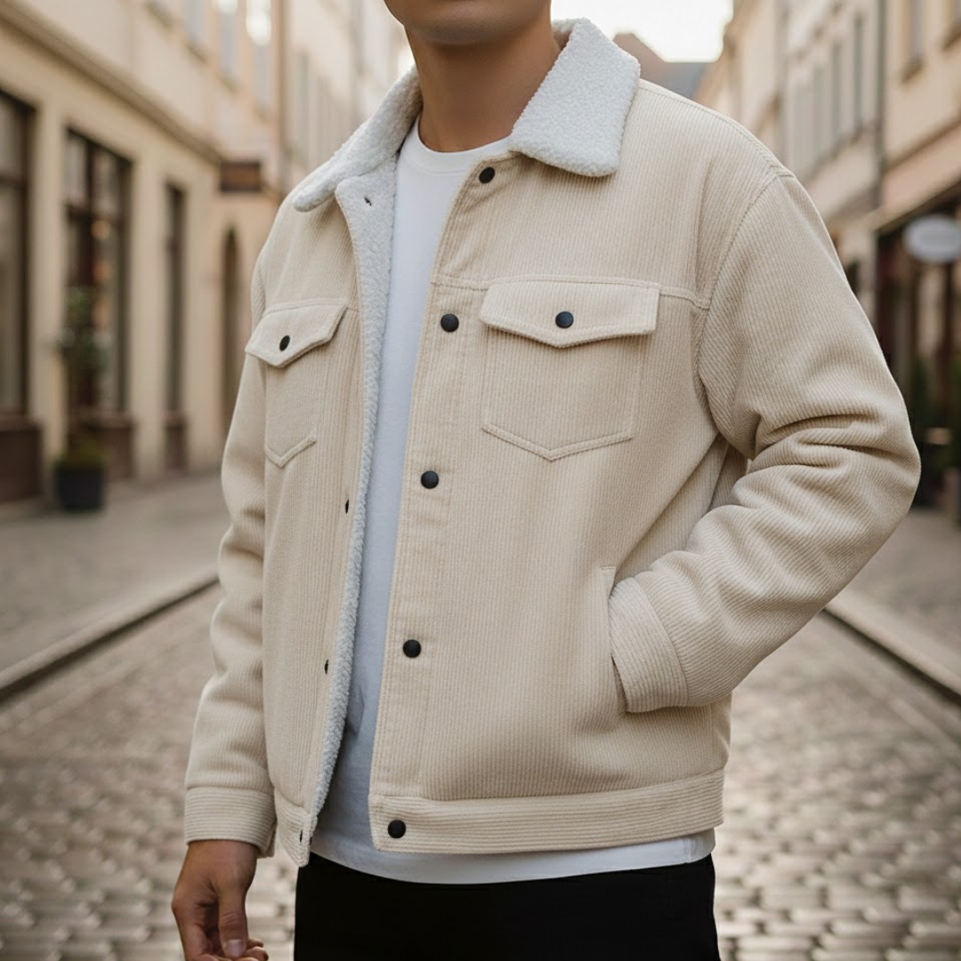 Chaqueta de pana para hombre con botones al frente y cuello vuelto