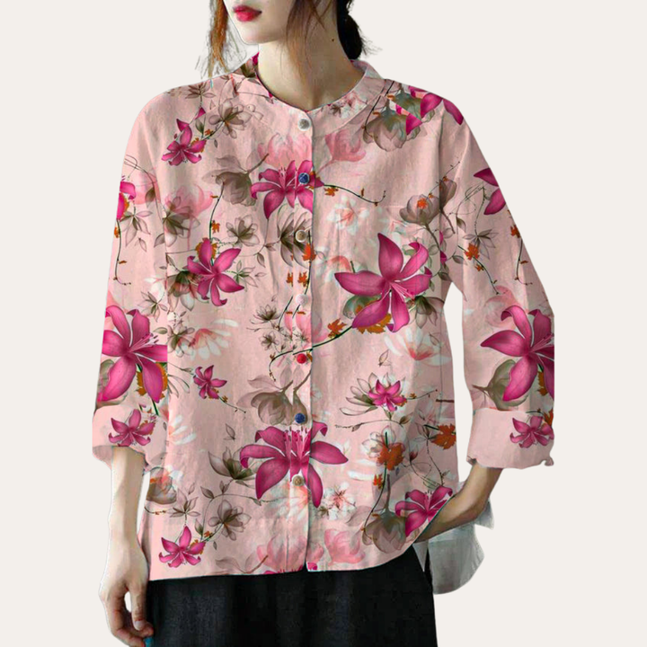Damen Leinen Bluse mit Muster Langarm Freizeit Hemdkragen Shirt | Vestea