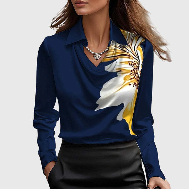Blouse femme en satin à manches longues, col plissé, boutonnée