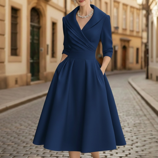 Elegant Midi Dress V Neck Three Quarter Sleeve