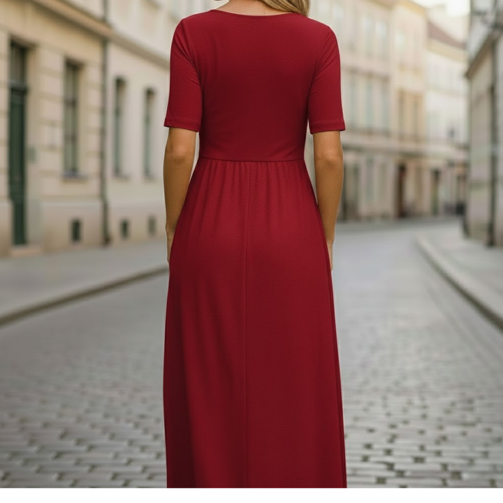 Vestido midi para mujer con escote en V, manga hasta el codo y falda acampanada