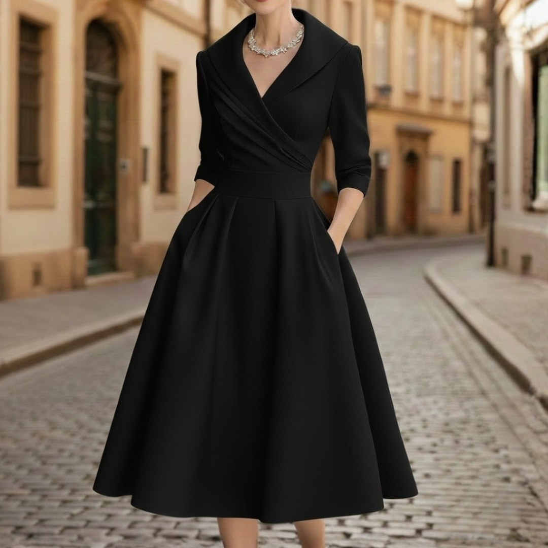 Elegant Midi Dress V Neck Three Quarter Sleeve