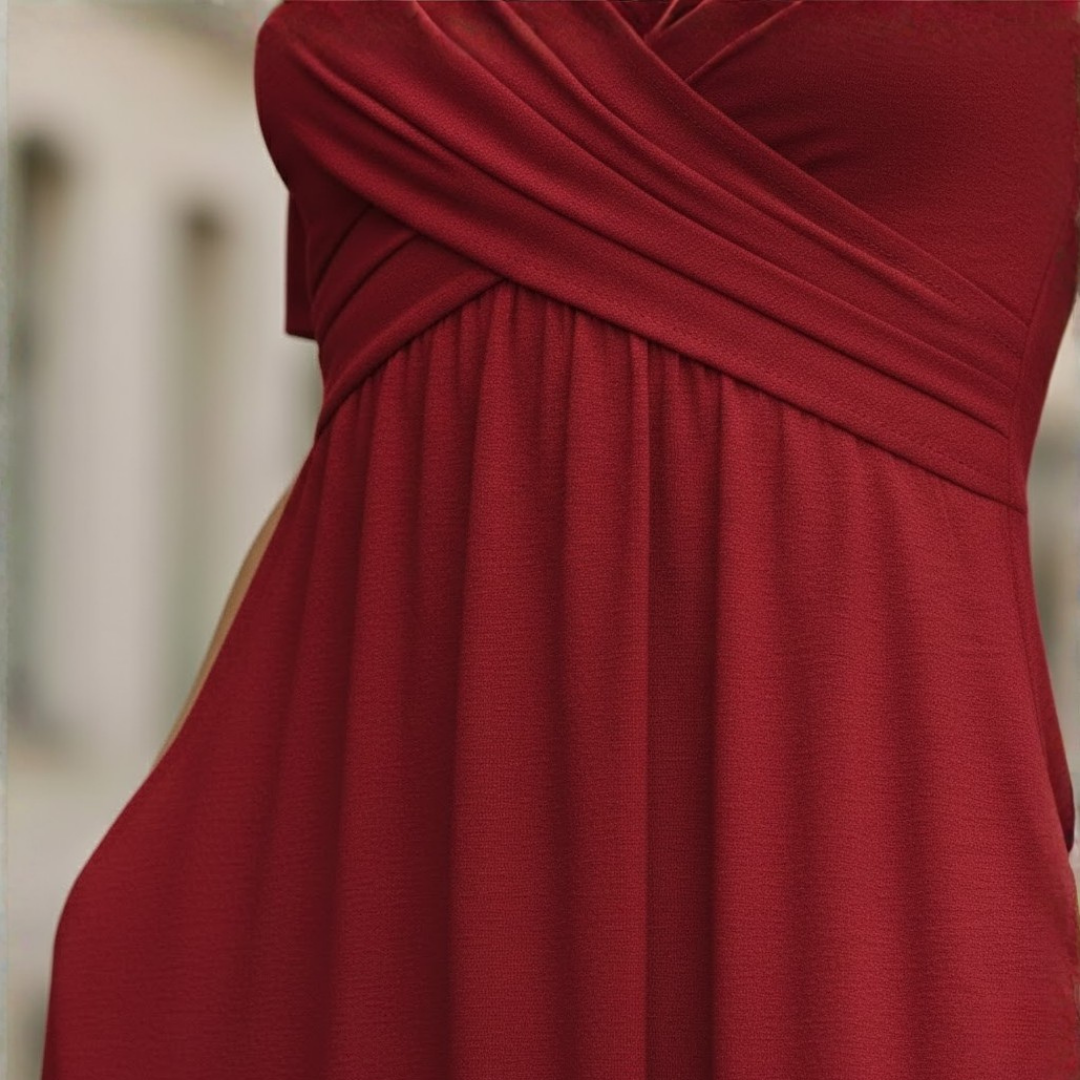 Robe mi-longue pour femme col en V manches coudes jupe évasée