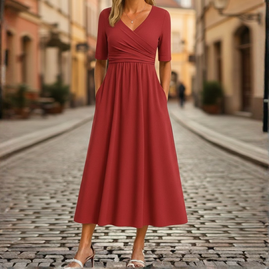 Vestido midi para mujer con escote en V, manga hasta el codo y falda acampanada