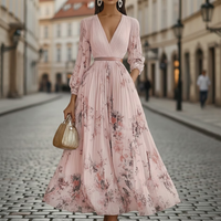 Pleated Maxi Dress V Neck Long Sleeve Floral Pattern