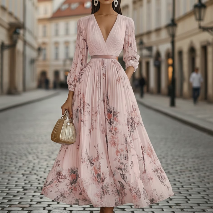 Pleated Maxi Dress V Neck Long Sleeve Floral Pattern