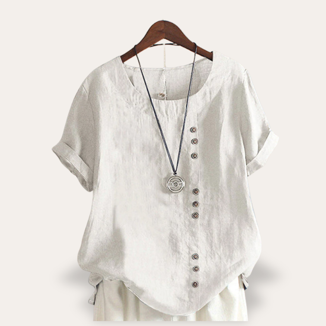 Leinen Damen Bluse mit Knopfleiste Kurzarm Asymmetrisch | Vestea