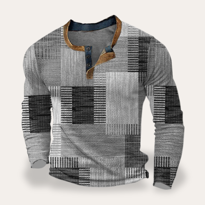 Herren Langarmshirt mit Knopfleiste Patchwork Baumwolle Freizeit | Vestea