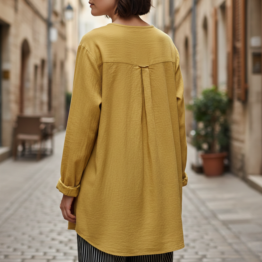 Blouse tunique à plis nervurés manches longues coupe décontractée femme
