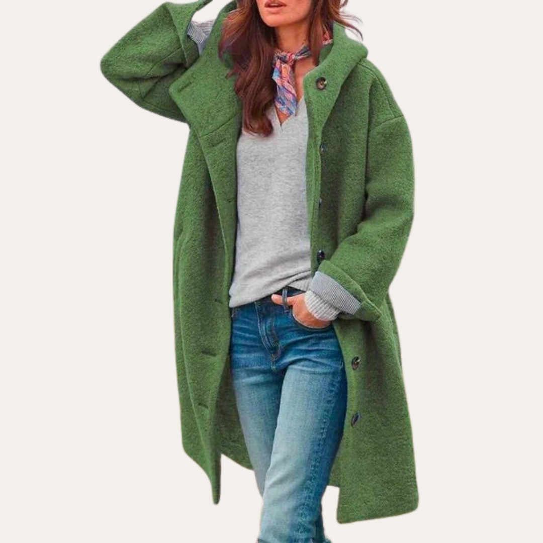 Damen Oversize Wollmantel mit Kapuze Knopfverschluss | Vestea