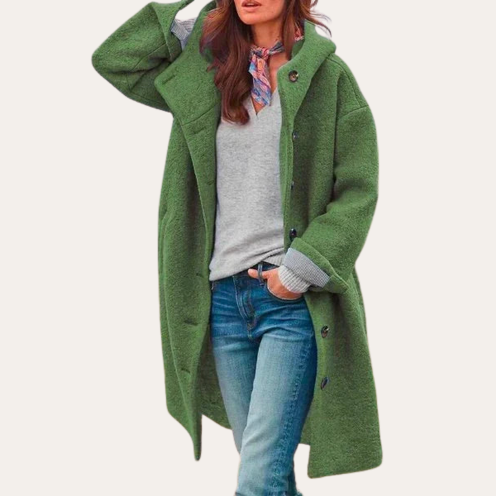 Damen Oversize Wollmantel mit Kapuze Knopfverschluss | Vestea