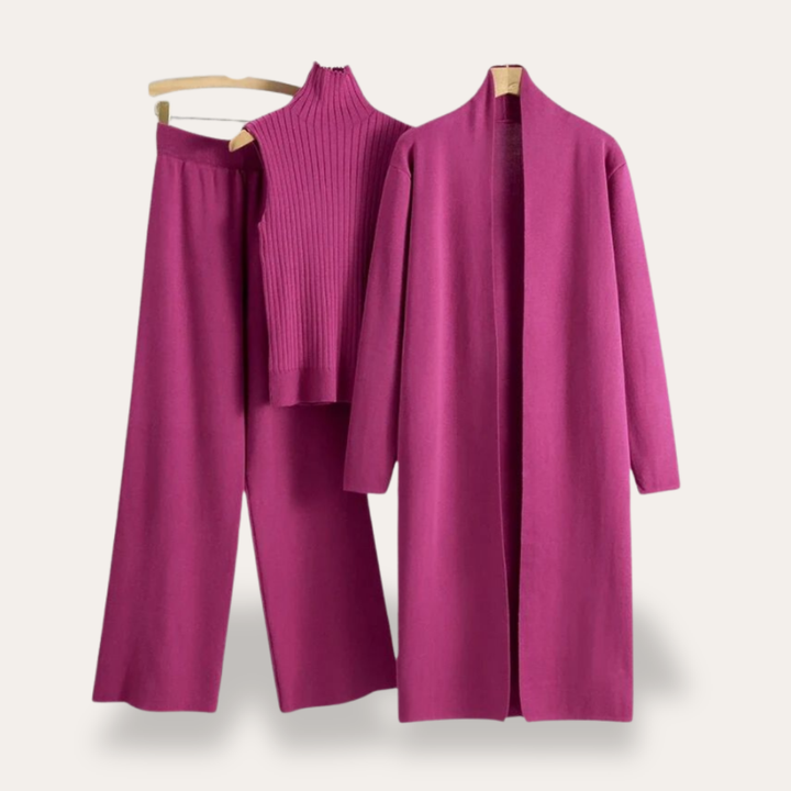 Damen Strick Set 3-teilig mit Mantel aus Feinstrick | Vestea