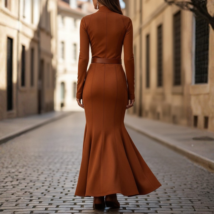 Women Faux Suede Belted Zipper Maxi Dress with Long Sleeves