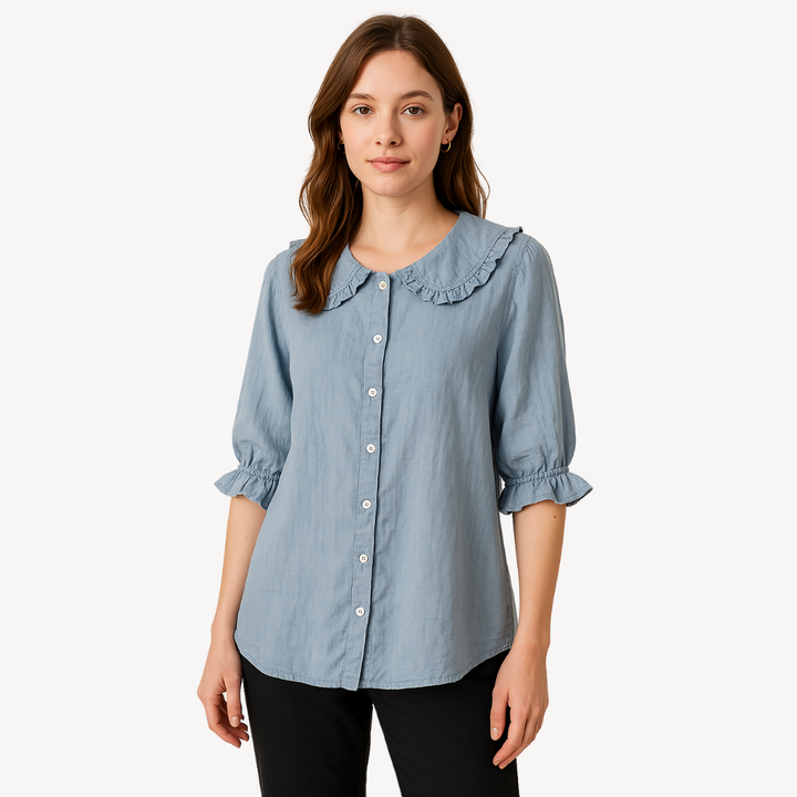 Vestea | Damen Leinenbluse mit Rüschenkragen – 3/4-Ärmel, Atmungsaktiv & Leicht