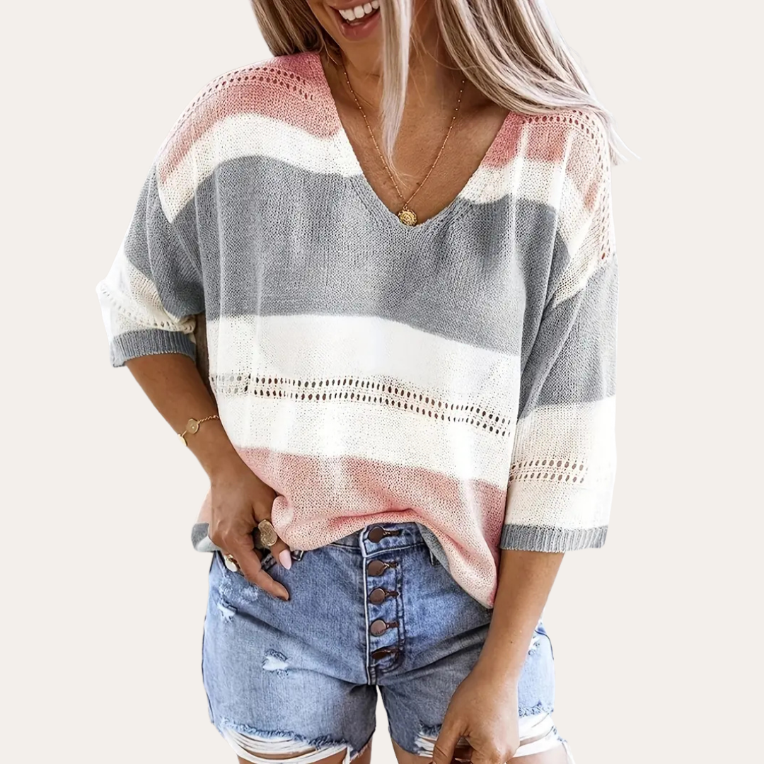 Damen V-Ausschnitt Strickpullover mit Streifenmuster | Vestea