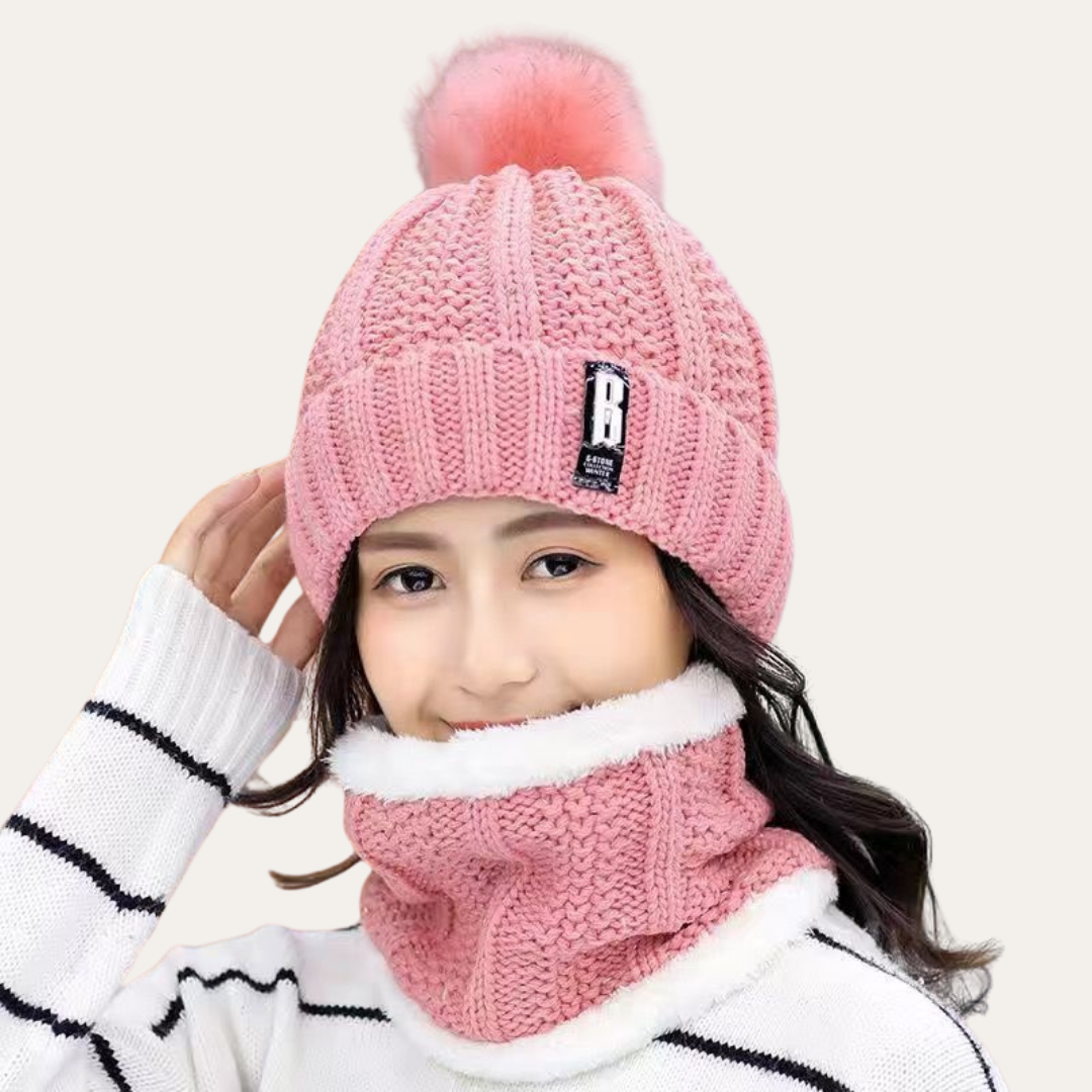 Damen Wintermütze mit Bommel und Strickschal Set | Vestea