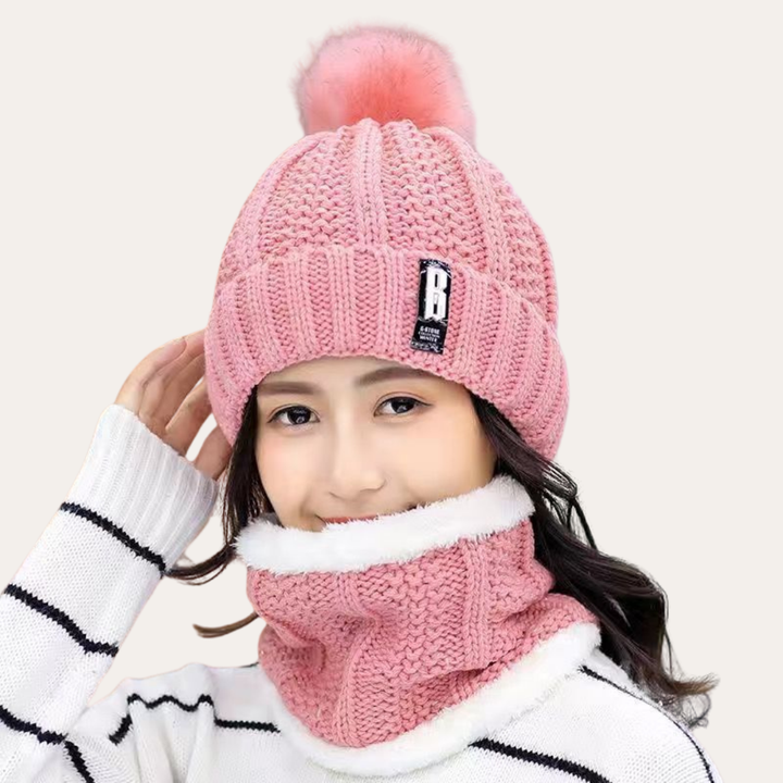 Damen Wintermütze mit Bommel und Strickschal Set | Vestea