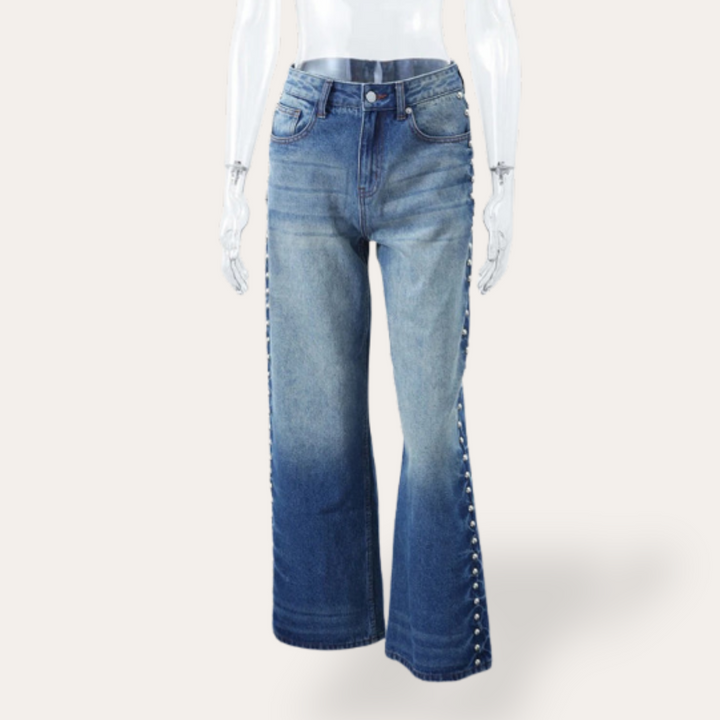 Damen High-Waisted Bootcut Jeans mit Knöpfen an der Seite | Vestea