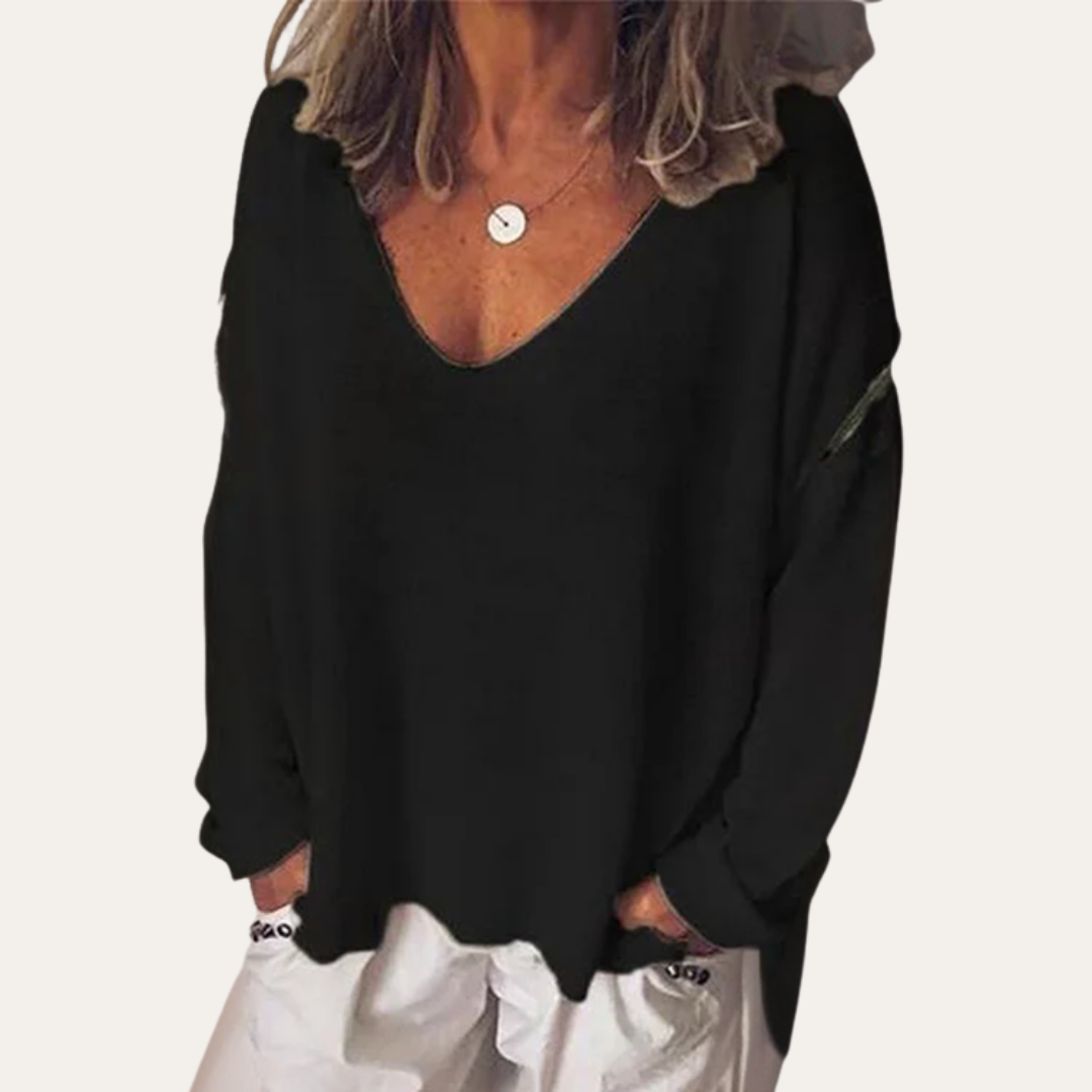 Damen Leinen V-Ausschnitt Langarmshirt Lockerer Schnitt Freizeit | Vestea