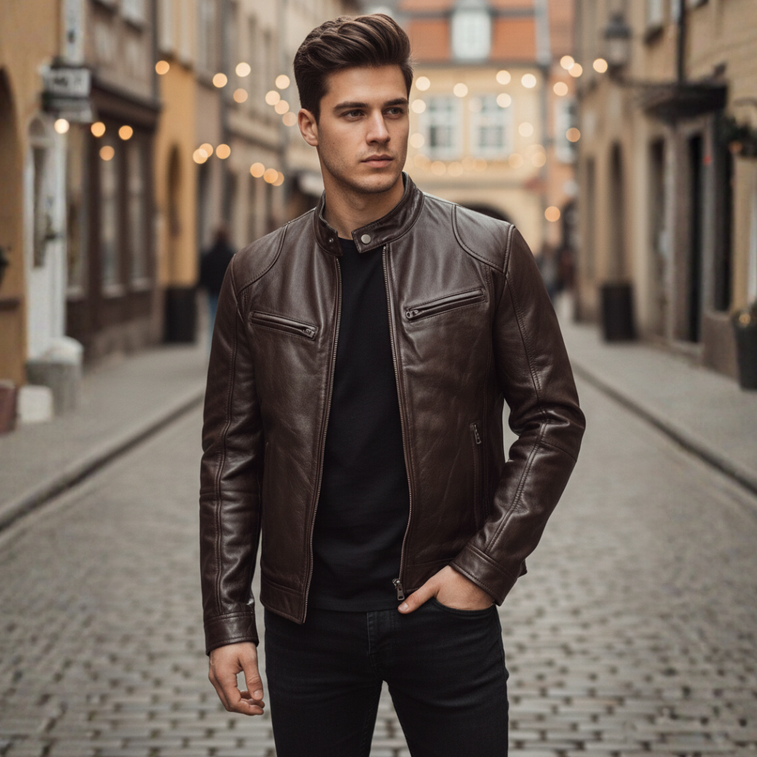 Herren Bikerjacke aus Leder mit Reißverschluss | Vestea