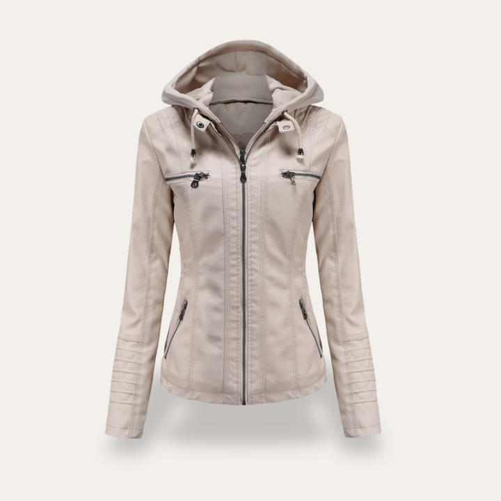 Damen Bikerjacke mit Kapuze Kunstleder Reißverschluss Slim Fit | Vestea