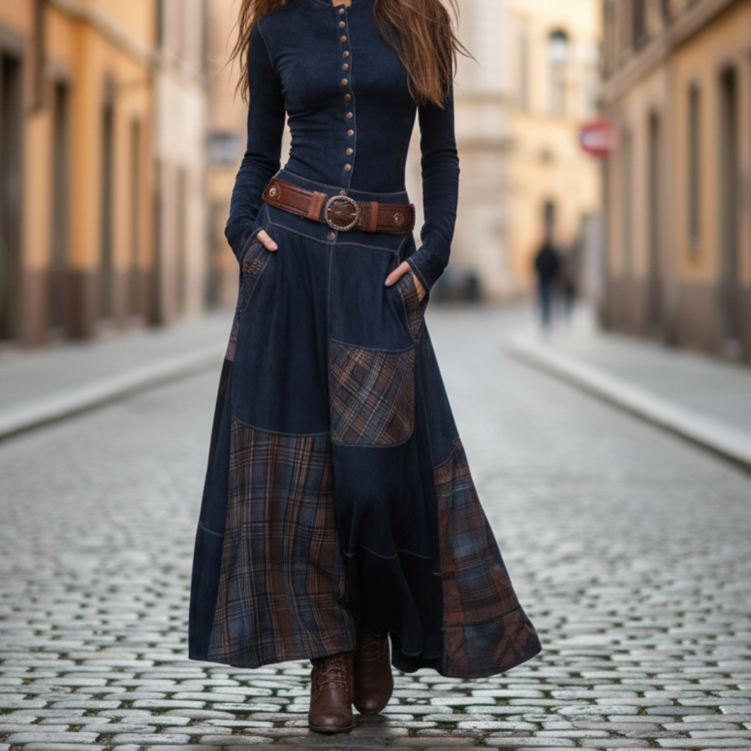 Long Vintage Faux Suede Plaid Polyester Dress for Women