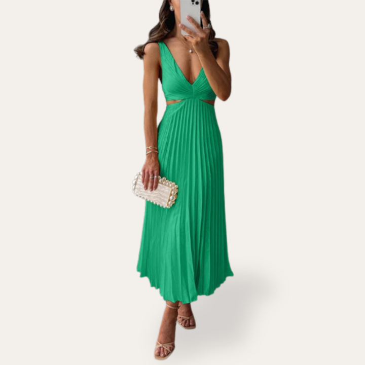 Damen Plisseekleid Midikleid V-Ausschnitt Ärmellos Sommerkleid | Vestea