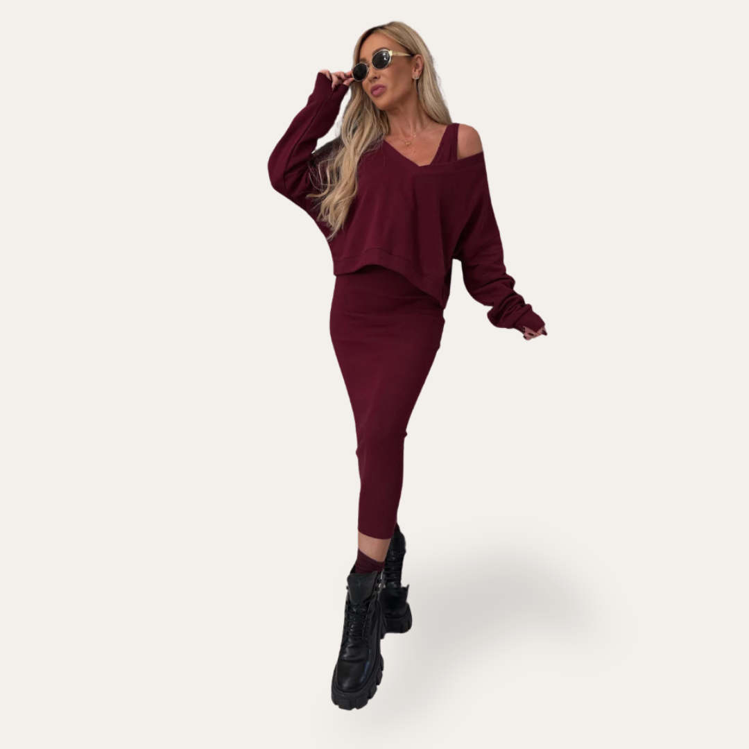 Damen Zweiteiler Langarm Pullover mit Midirock | Vestea