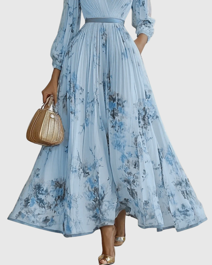 Vestido Maxi para Mujer de Satén Plisado con Escote en V, Manga Larga y Cintura Ajustable