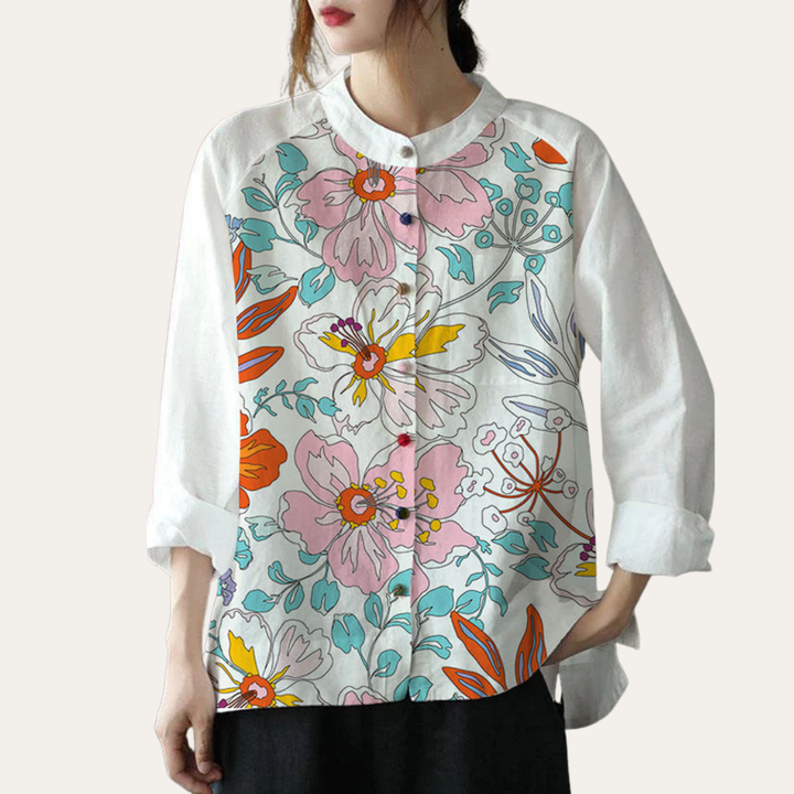 Damen Leinen Bluse mit Muster Langarm Freizeit Hemdkragen Shirt | Vestea