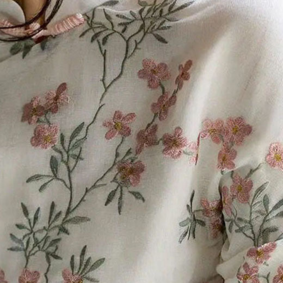 Damen Bluse Leinen Stickerei Langarm Stehkragen Frühling Top Elegant | Vestea