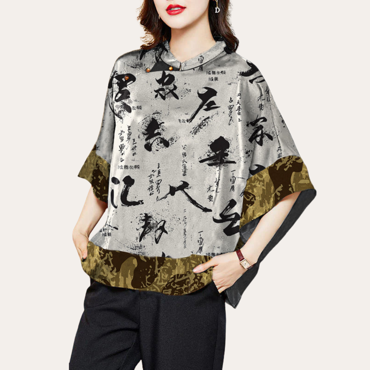 Damen Bluse Kimono Schnitt Muster Stehkragen Kurzarm | Vestea