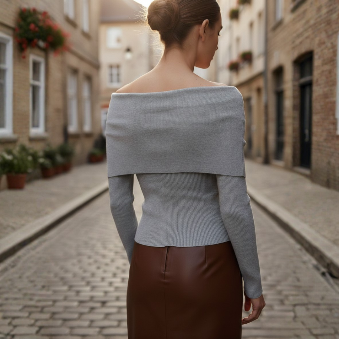 Haut tricoté à manches longues ajusté pour femme, épaules dénudées