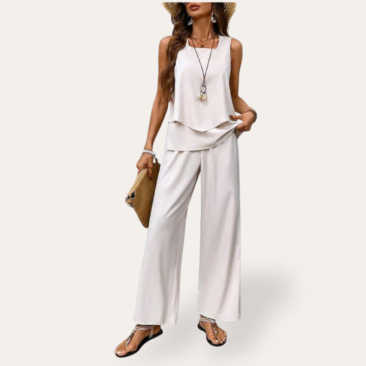 Damen Top mit V-Ausschnitt und weiten Hosen Sommeroutfit | Vestea