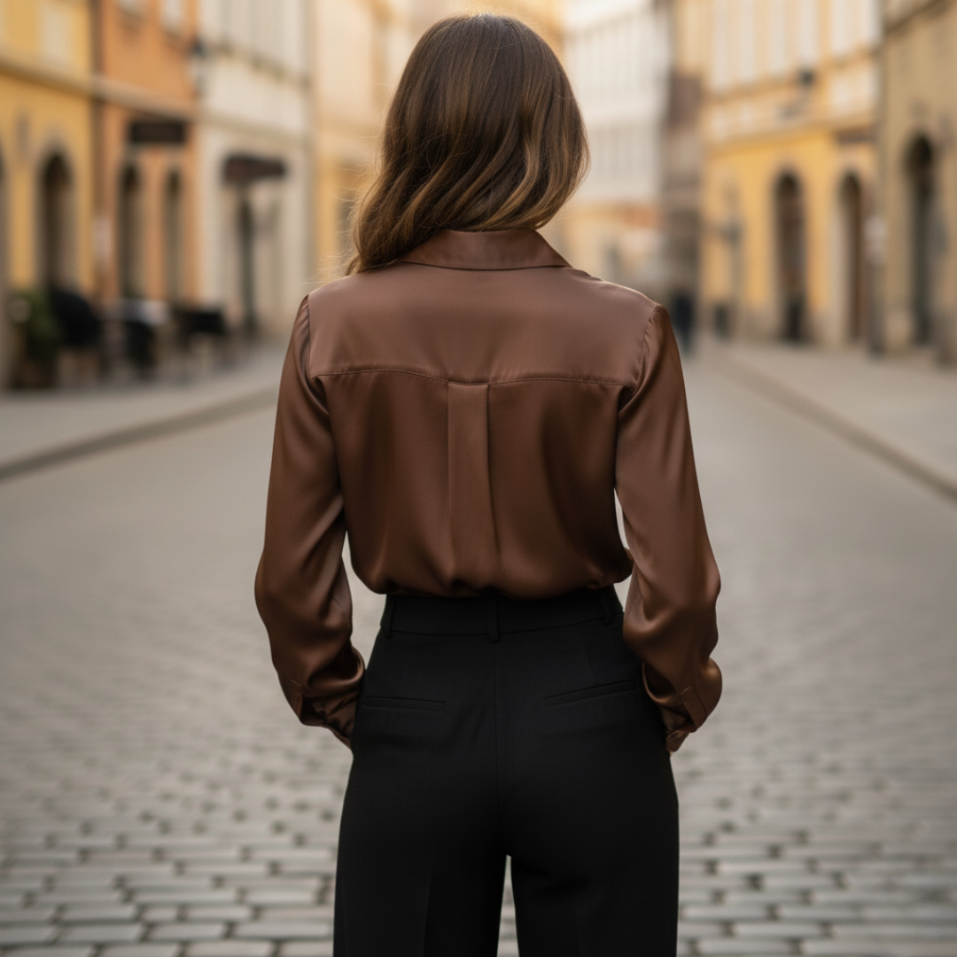 Damen Satin-Bluse Seiden-Optik Langarm mit Knopfleiste | Vestea