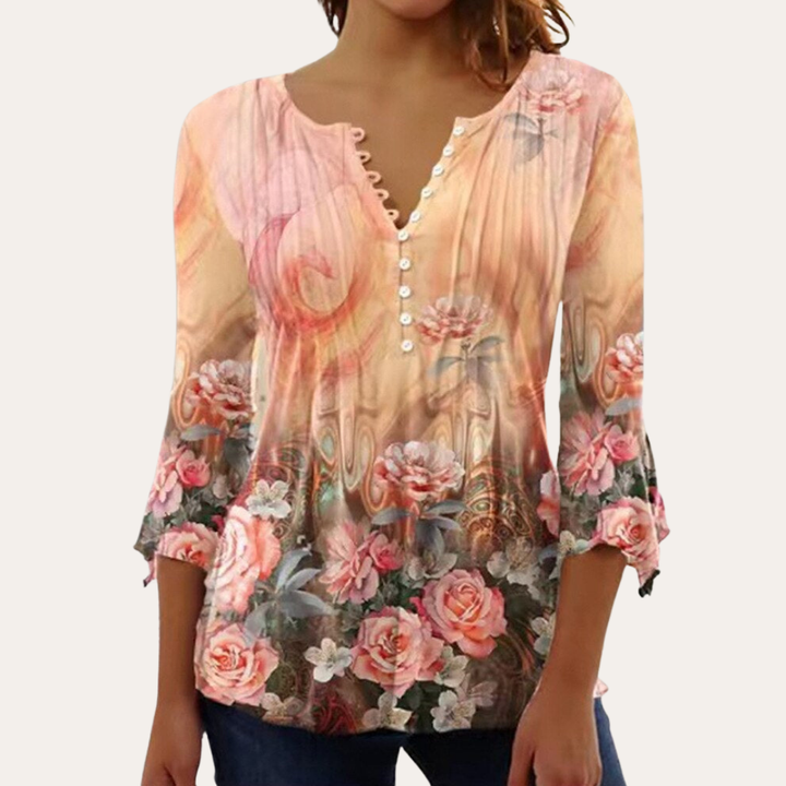Bluse mit Knopfleiste und Blumenmuster für Damen | Vestea
