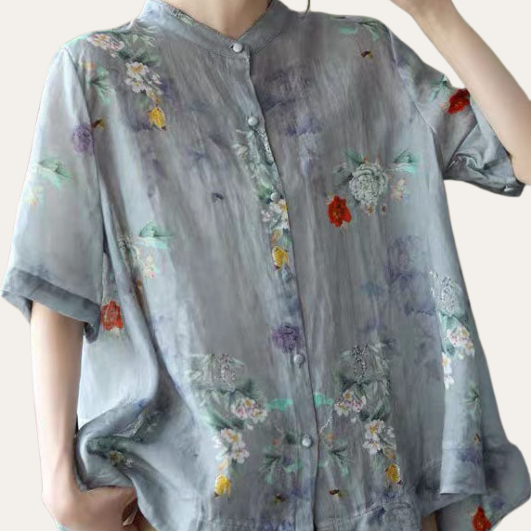 Damen Sommer Leinenbluse Print Kurzarm Stehkragen | Vestea