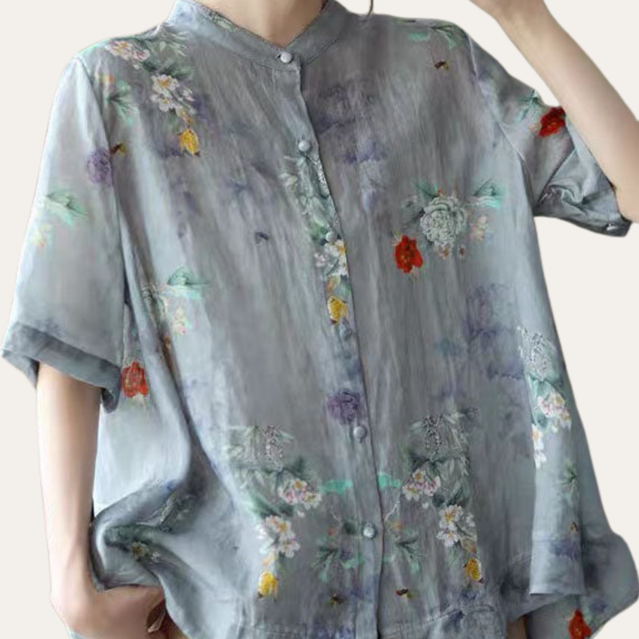 Damen Sommer Leinenbluse Print Kurzarm Stehkragen | Vestea