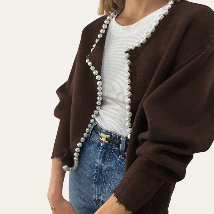 Damen Strickjacke mit Perlenbesatz Langarm Cardigan | Vestea
