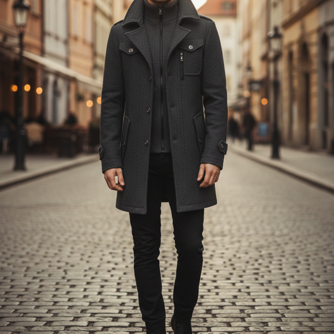 Herren-Wintermantel aus Wolle mit Knöpfen und Reißverschlüssen | Vestea