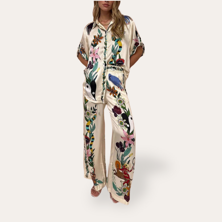 Damen Satin Zweiteiler mit tropischem Print | Vestea