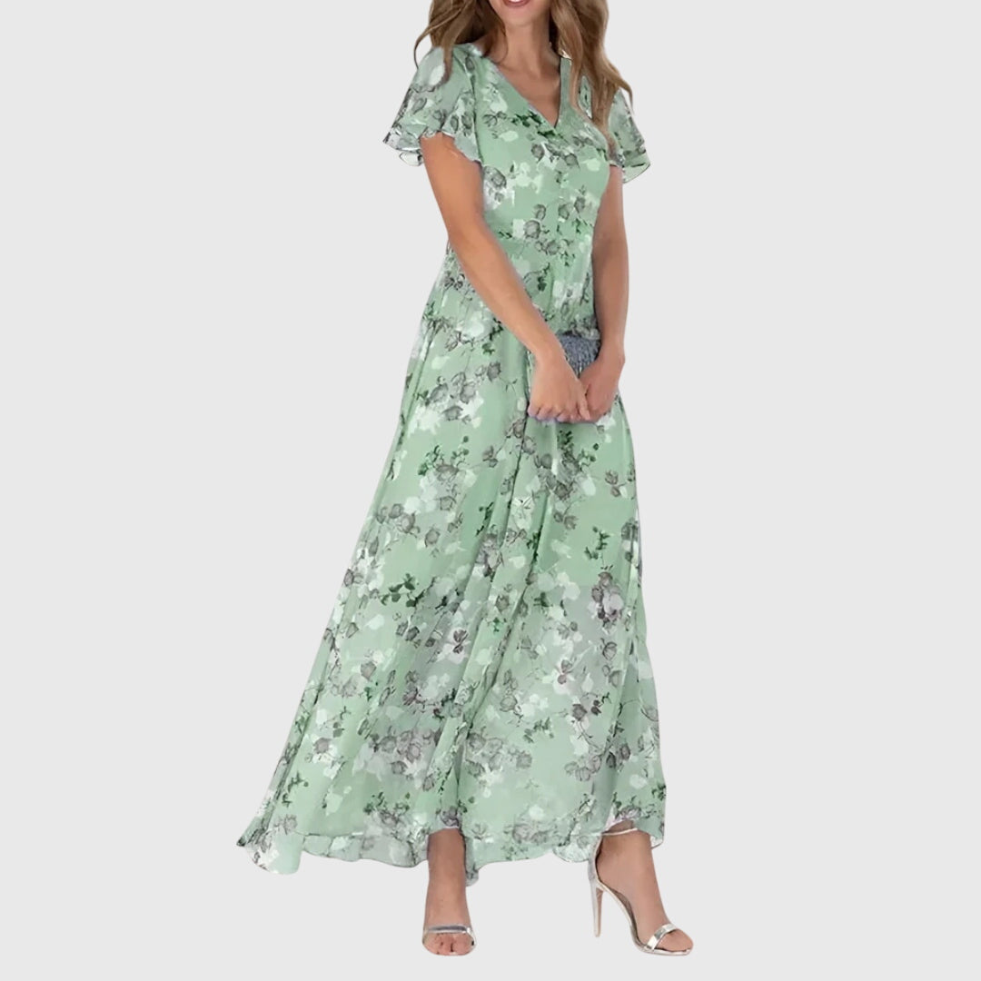 Women's Maxi Dress Floral Short Sleeve V-Neck Flowy