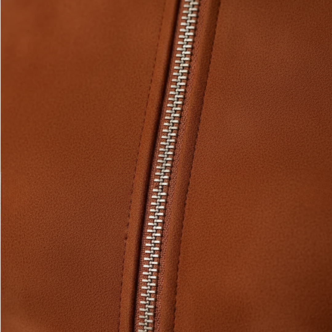 Women Faux Suede Belted Zipper Maxi Dress with Long Sleeves