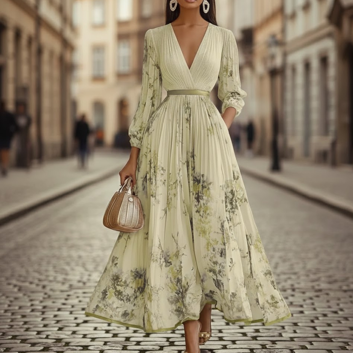 Pleated Maxi Dress V Neck Long Sleeve Floral Pattern