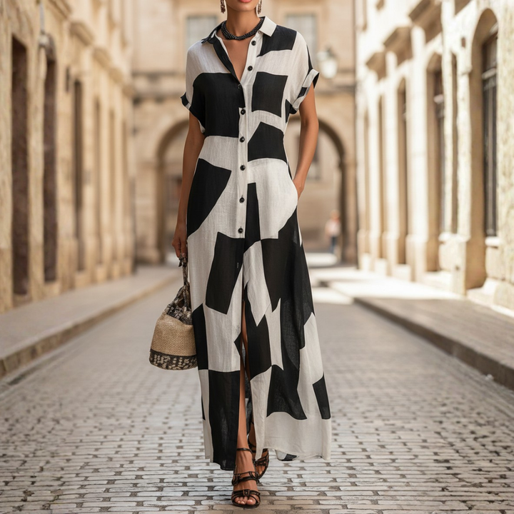 Women’s Cotton Linen Geometric Maxi Shirt Dress