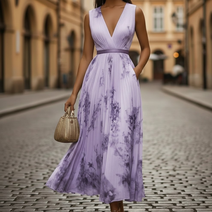 Pleated Maxi Dress V Neck Long Sleeve Floral Pattern