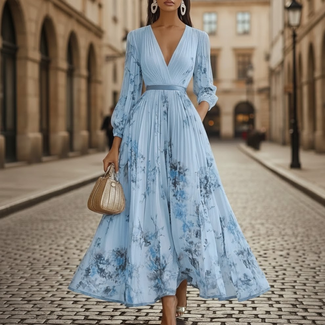 Pleated Maxi Dress V Neck Long Sleeve Floral Pattern