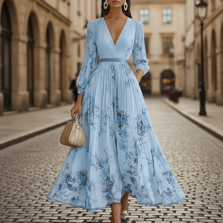 Pleated Maxi Dress V Neck Long Sleeve Floral Pattern