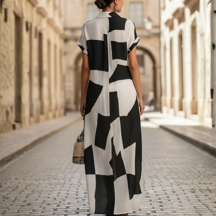 Women’s Cotton Linen Geometric Maxi Shirt Dress
